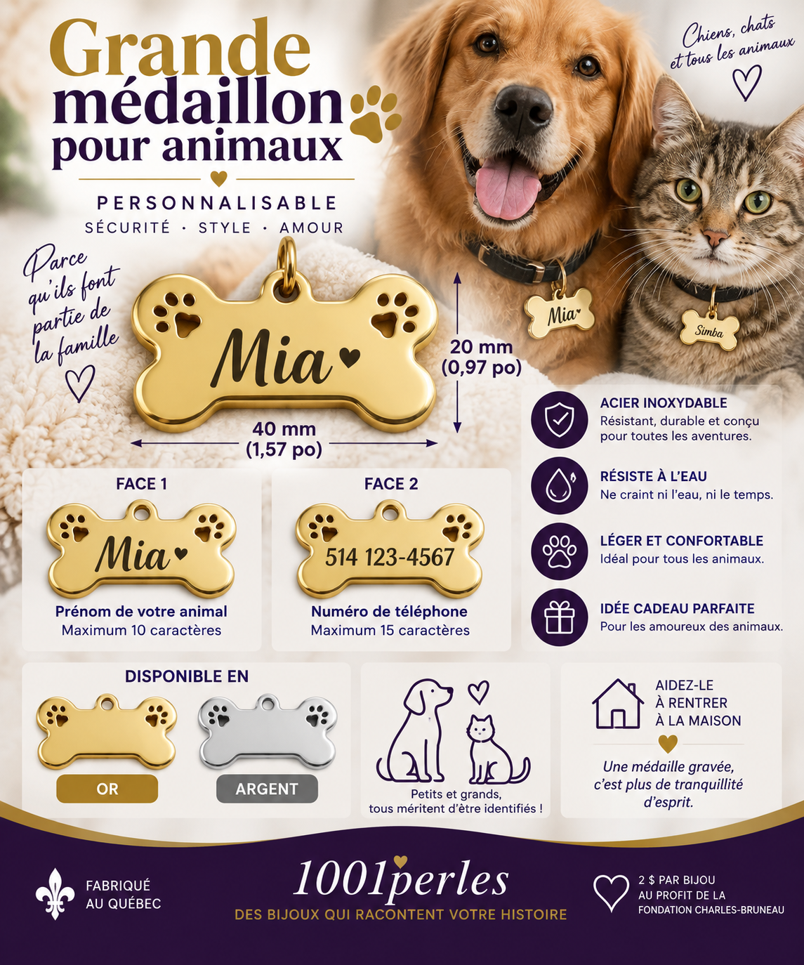 Grande médaille pour animaux personnalisable 40 x 20 mm - prénom et téléphone - 1001perles