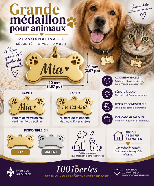 Grande médaille pour animaux personnalisable 40 x 20 mm - prénom et téléphone - 1001perles