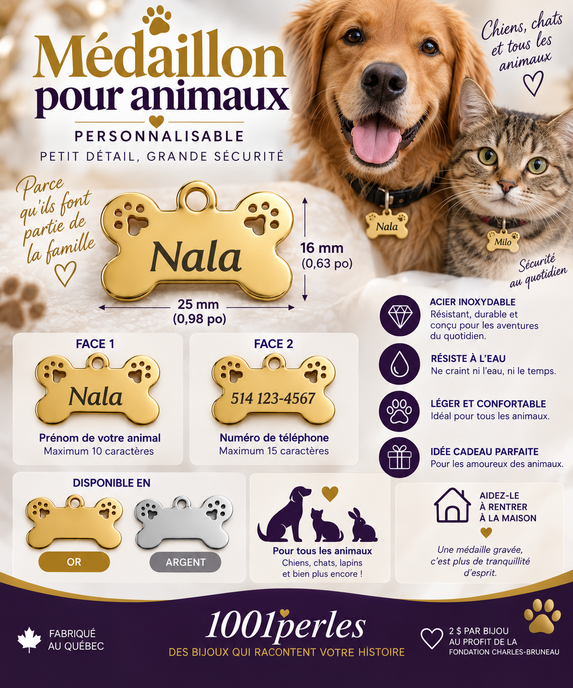 Médaillon pour animaux personnalisable - prénom et numéro de téléphone - 1001perles