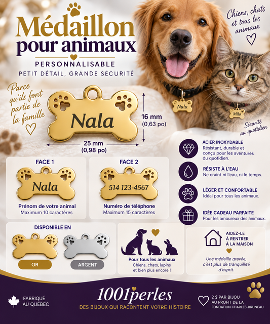 Médaillon pour animaux personnalisable - prénom et numéro de téléphone - 1001perles