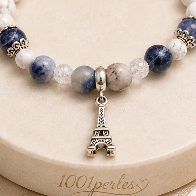 Gros plan du Bracelet Paris – sodalite, howlite et cristal — détail du bijou réel