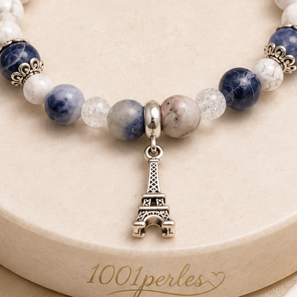 Gros plan du Bracelet Paris – sodalite, howlite et cristal — détail du bijou réel