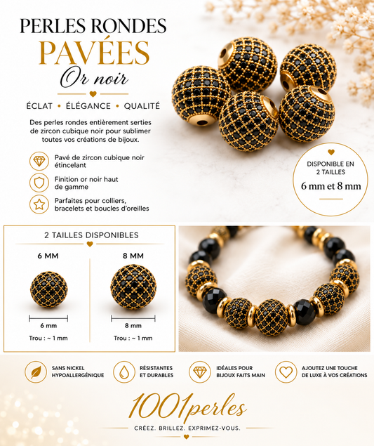 Perles rondes pavées or noir.Lot de 2