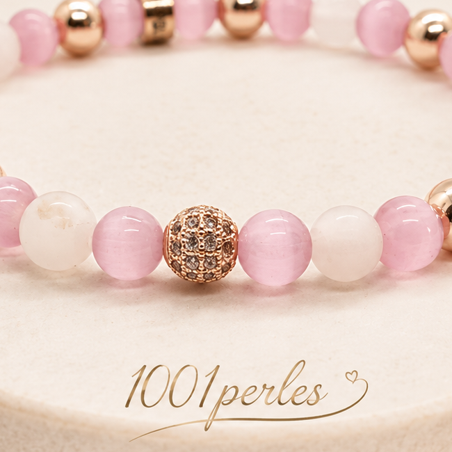 Gros plan du Bracelet Somptueux – hématite rose, quartz et œil de chat — détail du bijou réel