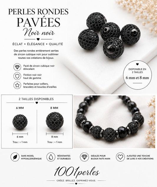 Perles rondes pavées noir.Lot de 2