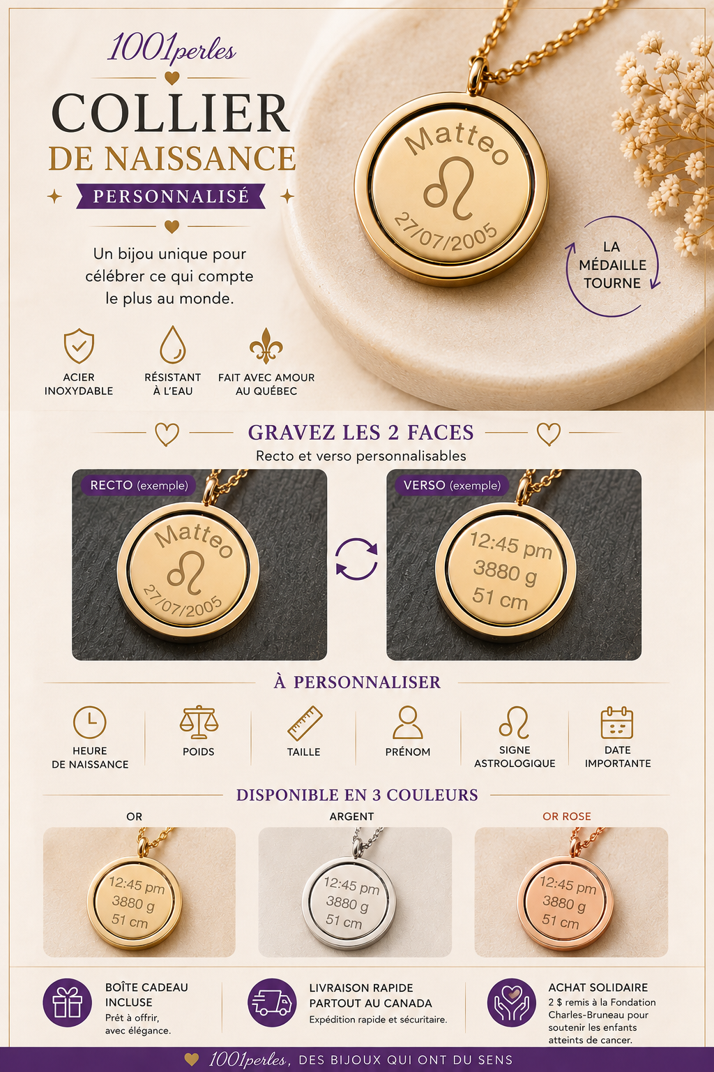 Collier de naissance personnalisé gravé sur 2 faces