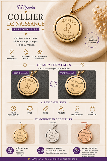 Collier de naissance personnalisé gravé sur deux faces – 1001 Perles