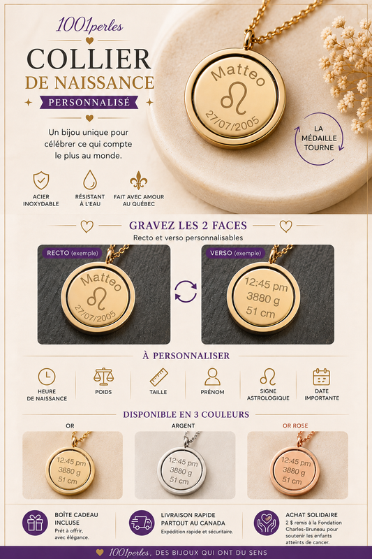 Collier de naissance personnalisé gravé sur 2 faces