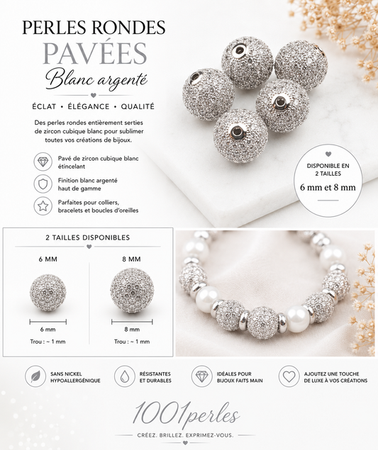 Perles rondes pavées blanc argent. Lot de 2