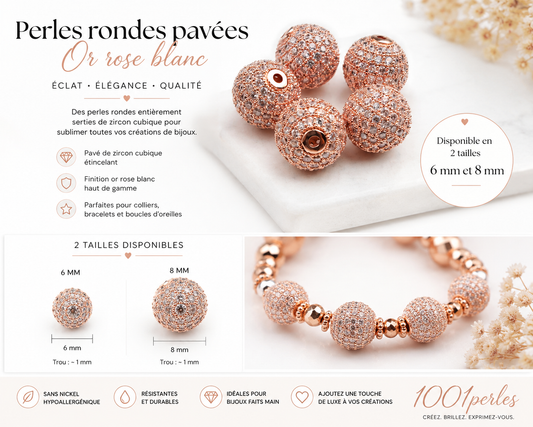 Perles rondes pavées or rose blanc. Lot de 2